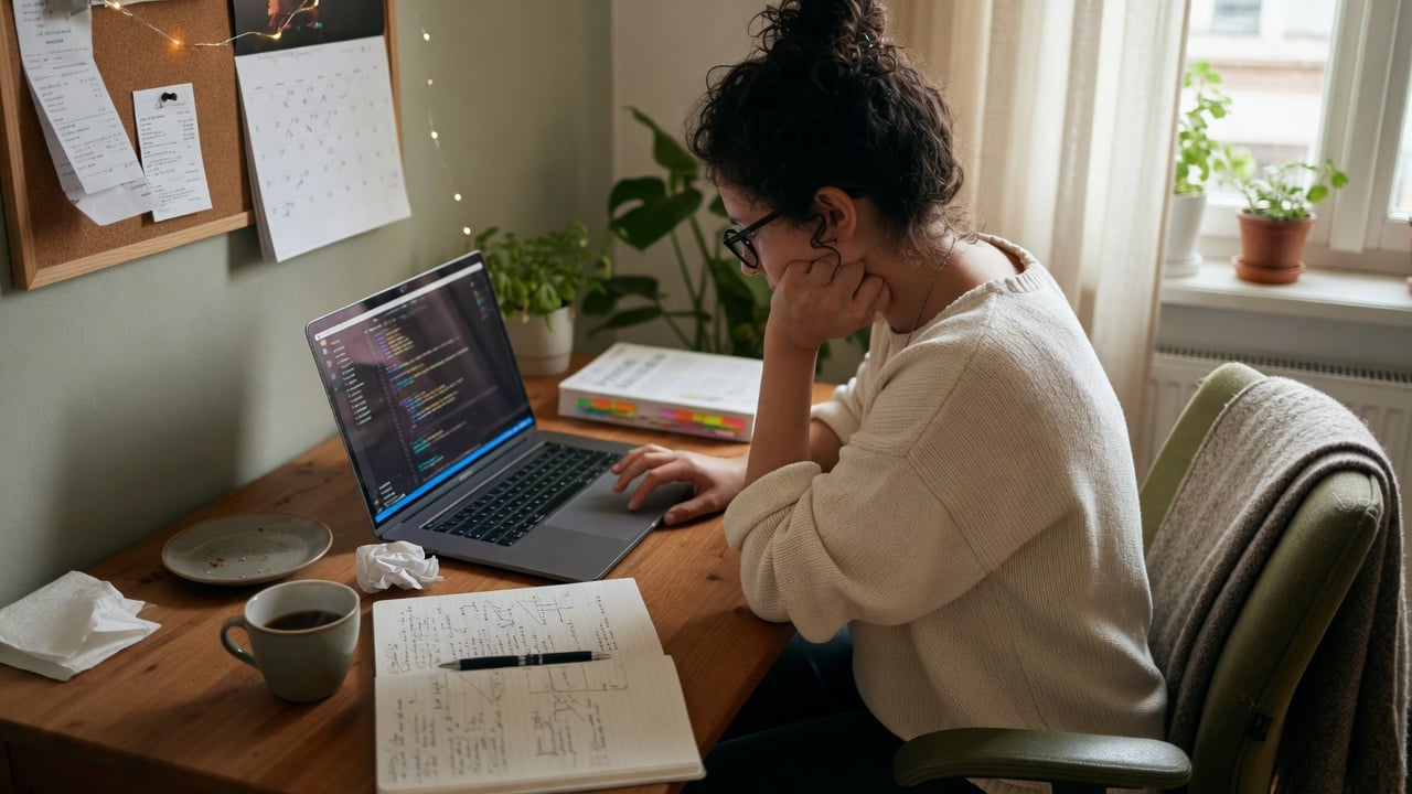 Osoba ucząca się programowania przy laptopie w domowym kąciku