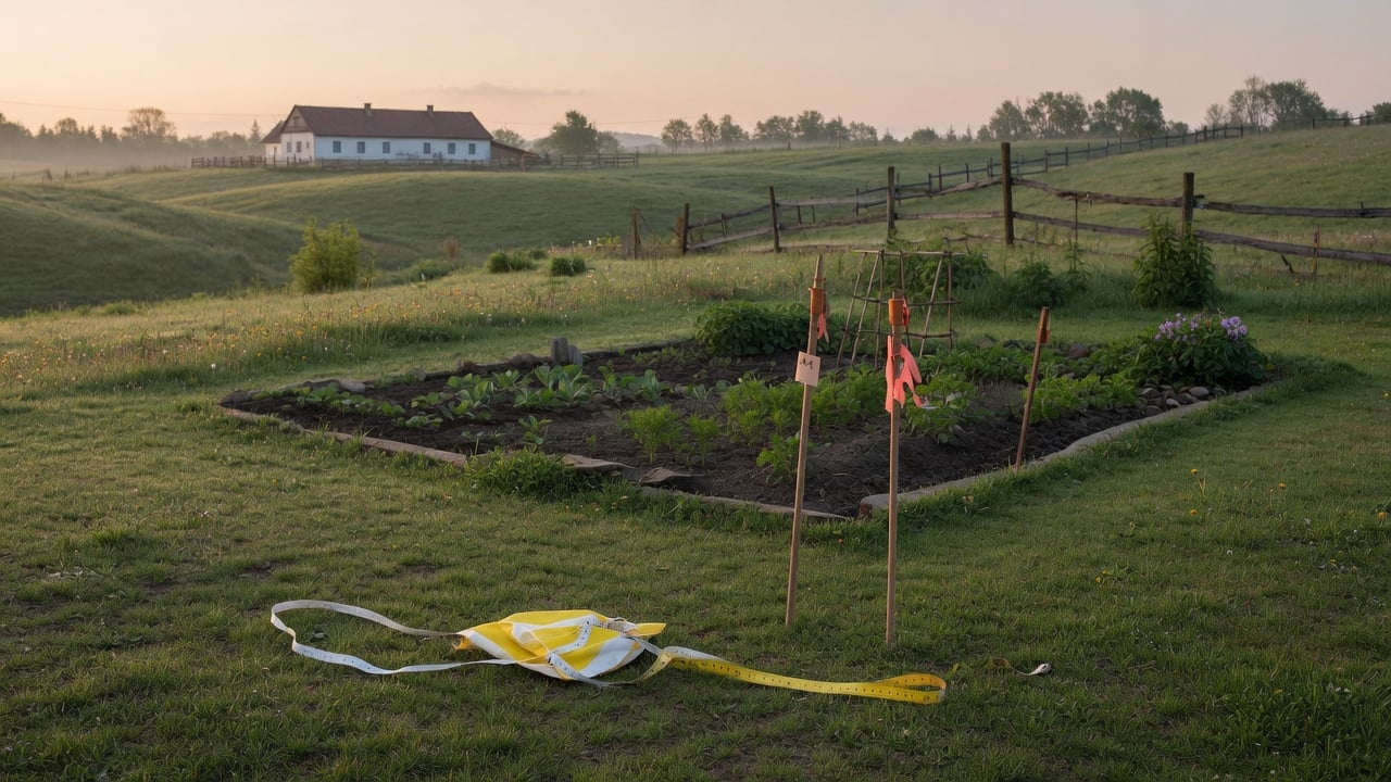 Działka z zielenią i oznaczeniem terenu pod poszukiwanie wody