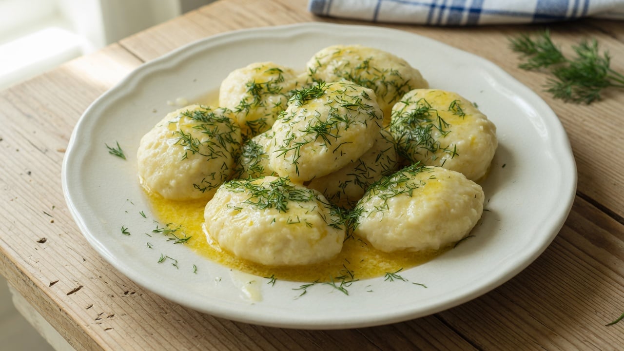 Talerz pierogów leniwych z dodatkami na drewnianym stole