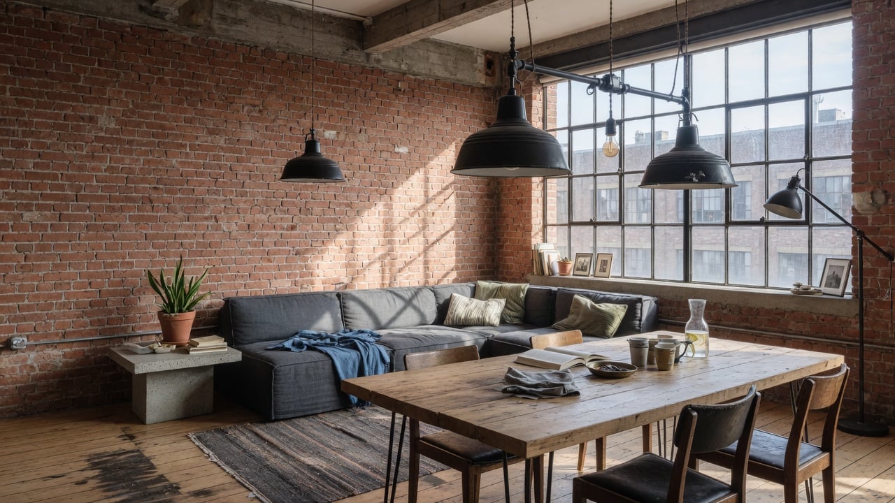Salon w stylu loft z cegłą, metalowymi lampami i drewnianym stołem